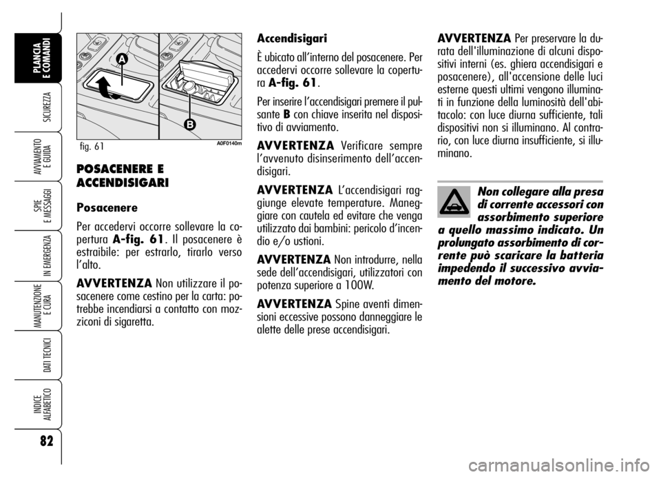Alfa Romeo Brera/Spider 2007  Libretto Uso Manutenzione (in Italian) 82
SICUREZZA
SPIE 
E MESSAGGI
IN EMERGENZA
MANUTENZIONE
E CURA 
DATI TECNICI
INDICE 
ALFABETICO
PLANCIA 
E COMANDI
AVVIAMENTO 
E GUIDAPOSACENERE E
ACCENDISIGARI
Posacenere
Per accedervi occorre sollev