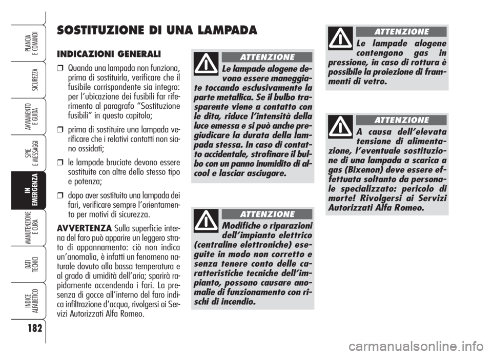 Alfa Romeo Brera/Spider 2008 Libretto Uso Manutenzione (in Italian) 182
SICUREZZA
SPIE
E MESSAGGI
IN
EMERGENZA
MANUTENZIONE
E CURA
DATI
TECNICI
INDICE
ALFABETICO
PLANCIA
E COMANDI
AVVIAMENTO
E GUIDA
INDICAZIONI GENERALI
❒Quando una lampada non funziona,
prima di s Alfa Romeo Brera/Spider 2008 Libretto Uso Manutenzione (in Italian) 182
SICUREZZA
SPIE
E MESSAGGI
IN
EMERGENZA
MANUTENZIONE
E CURA
DATI
TECNICI
INDICE
ALFABETICO
PLANCIA
E COMANDI
AVVIAMENTO
E GUIDA
INDICAZIONI GENERALI
❒Quando una lampada non funziona,
prima di s