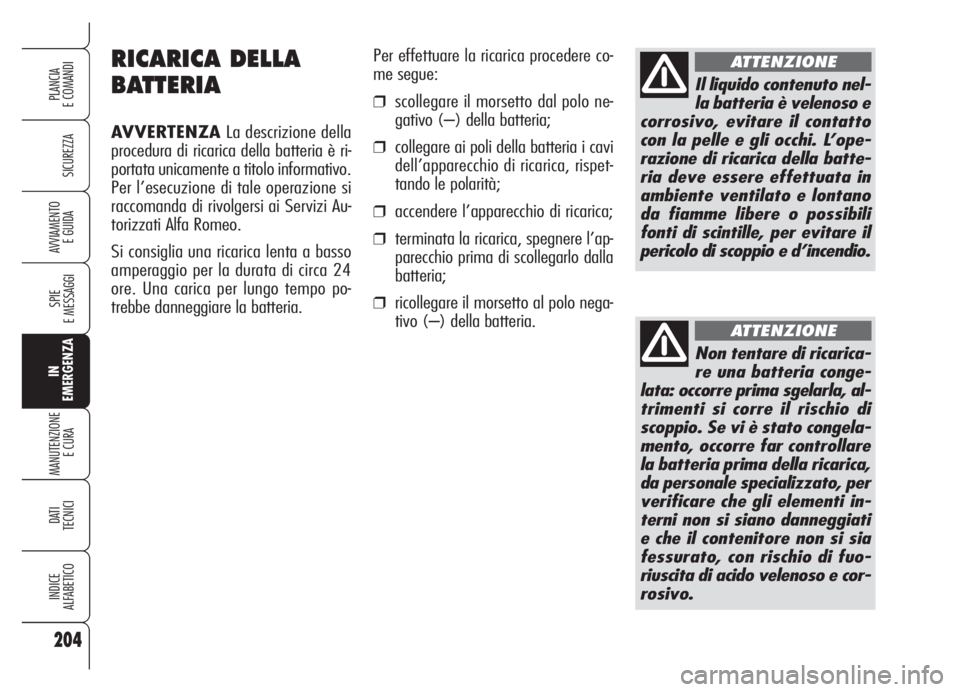 Alfa Romeo Brera/Spider 2008 Libretto Uso Manutenzione (in Italian) 204
SICUREZZA
SPIE
E MESSAGGI
IN
EMERGENZA
MANUTENZIONE
E CURA
DATI
TECNICI
INDICE
ALFABETICO
PLANCIA
E COMANDI
AVVIAMENTO
E GUIDA
RICARICA DELLA
BATTERIA
AVVERTENZALa descrizione della
procedura di Alfa Romeo Brera/Spider 2008 Libretto Uso Manutenzione (in Italian) 204
SICUREZZA
SPIE
E MESSAGGI
IN
EMERGENZA
MANUTENZIONE
E CURA
DATI
TECNICI
INDICE
ALFABETICO
PLANCIA
E COMANDI
AVVIAMENTO
E GUIDA
RICARICA DELLA
BATTERIA
AVVERTENZALa descrizione della
procedura di