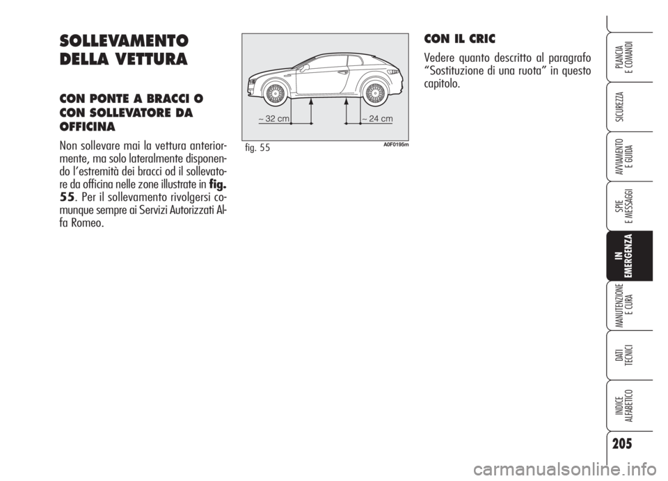 Alfa Romeo Brera/Spider 2008 Libretto Uso Manutenzione (in Italian) 205
SICUREZZA
SPIE
E MESSAGGI
IN
EMERGENZA
MANUTENZIONE
E CURA
DATI
TECNICI
INDICE
ALFABETICO
PLANCIA
E COMANDI
AVVIAMENTO
E GUIDA
SOLLEVAMENTO
DELLA VETTURA
CON PONTE A BRACCI O
CON SOLLEVATORE DA
Alfa Romeo Brera/Spider 2008 Libretto Uso Manutenzione (in Italian) 205
SICUREZZA
SPIE
E MESSAGGI
IN
EMERGENZA
MANUTENZIONE
E CURA
DATI
TECNICI
INDICE
ALFABETICO
PLANCIA
E COMANDI
AVVIAMENTO
E GUIDA
SOLLEVAMENTO
DELLA VETTURA
CON PONTE A BRACCI O
CON SOLLEVATORE DA