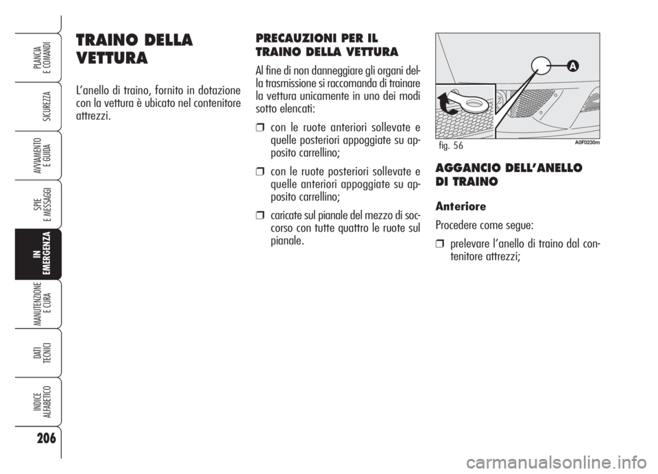 Alfa Romeo Brera/Spider 2008 Libretto Uso Manutenzione (in Italian) 206
SICUREZZA
SPIE
E MESSAGGI
IN
EMERGENZA
MANUTENZIONE
E CURA
DATI
TECNICI
INDICE
ALFABETICO
PLANCIA
E COMANDI
AVVIAMENTO
E GUIDA
TRAINO DELLA
VETTURA
L’anello di traino, fornito in dotazione
con Alfa Romeo Brera/Spider 2008 Libretto Uso Manutenzione (in Italian) 206
SICUREZZA
SPIE
E MESSAGGI
IN
EMERGENZA
MANUTENZIONE
E CURA
DATI
TECNICI
INDICE
ALFABETICO
PLANCIA
E COMANDI
AVVIAMENTO
E GUIDA
TRAINO DELLA
VETTURA
L’anello di traino, fornito in dotazione
con
