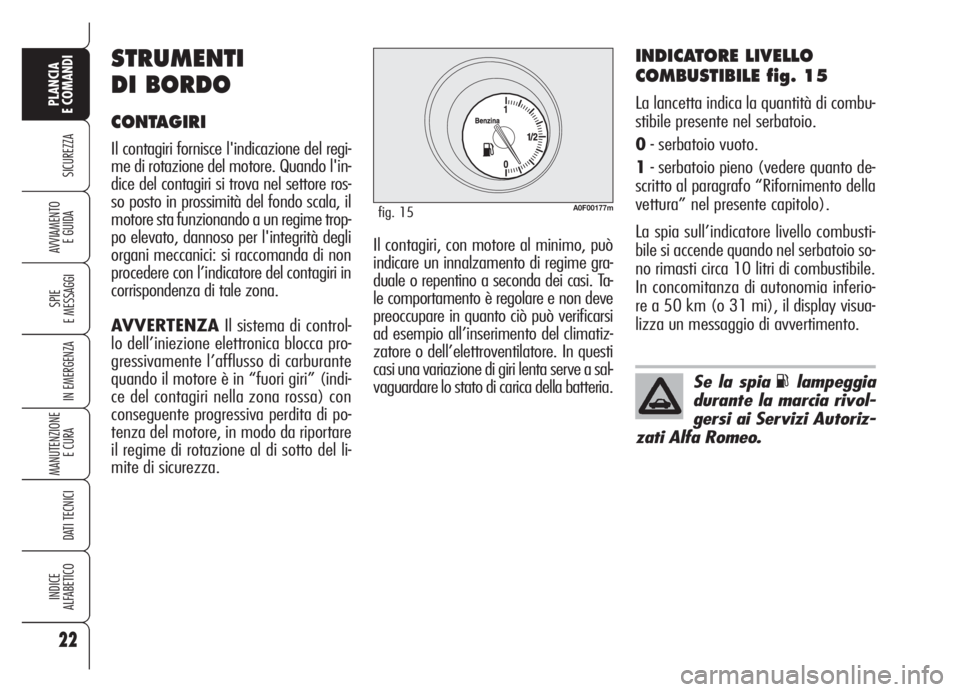 Alfa Romeo Brera/Spider 2008 Libretto Uso Manutenzione (in Italian) 22
SICUREZZA
SPIE
E MESSAGGI
IN EMERGENZA
MANUTENZIONE
E CURA
DATI TECNICI
INDICE
ALFABETICO
PLANCIA
E COMANDI
AVVIAMENTO
E GUIDA
INDICATORE LIVELLO
COMBUSTIBILE fig. 15
La lancetta indica la quanti Alfa Romeo Brera/Spider 2008 Libretto Uso Manutenzione (in Italian) 22
SICUREZZA
SPIE
E MESSAGGI
IN EMERGENZA
MANUTENZIONE
E CURA
DATI TECNICI
INDICE
ALFABETICO
PLANCIA
E COMANDI
AVVIAMENTO
E GUIDA
INDICATORE LIVELLO
COMBUSTIBILE fig. 15
La lancetta indica la quanti