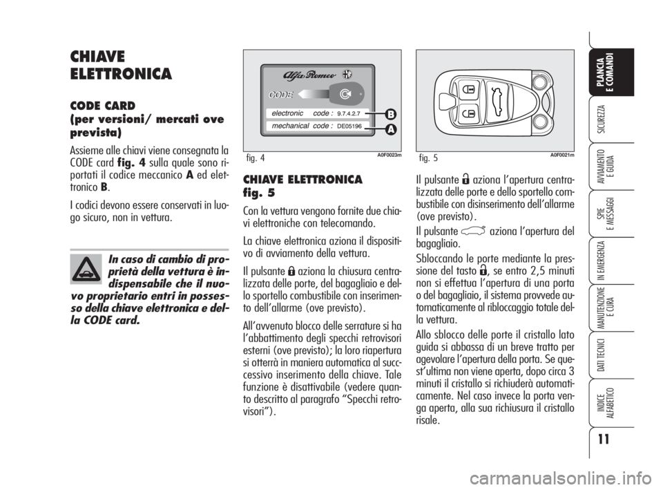 Alfa Romeo Brera/Spider 2009 Libretto Uso Manutenzione (in Italian) CHIAVE ELETTRONICA
fig. 5
Con la vettura vengono fornite due chia-
vi elettroniche con telecomando.
La chiave elettronica aziona il dispositi-
vo di avviamento della vettura.
Il pulsante
Áaziona l Alfa Romeo Brera/Spider 2009 Libretto Uso Manutenzione (in Italian) CHIAVE ELETTRONICA
fig. 5
Con la vettura vengono fornite due chia-
vi elettroniche con telecomando.
La chiave elettronica aziona il dispositi-
vo di avviamento della vettura.
Il pulsante
Áaziona l