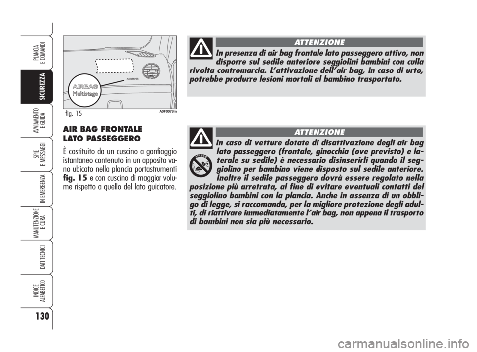 Alfa Romeo Brera/Spider 2009 Libretto Uso Manutenzione (in Italian) 130
SICUREZZA
SPIE
E MESSAGGI
IN EMERGENZA
MANUTENZIONE
E CURA
DATI TECNICI
INDICE
ALFABETICO
PLANCIA
E COMANDI
AVVIAMENTO
E GUIDA
In caso di vetture dotate di disattivazione degli air bag
lato pass Alfa Romeo Brera/Spider 2009 Libretto Uso Manutenzione (in Italian) 130
SICUREZZA
SPIE
E MESSAGGI
IN EMERGENZA
MANUTENZIONE
E CURA
DATI TECNICI
INDICE
ALFABETICO
PLANCIA
E COMANDI
AVVIAMENTO
E GUIDA
In caso di vetture dotate di disattivazione degli air bag
lato pass