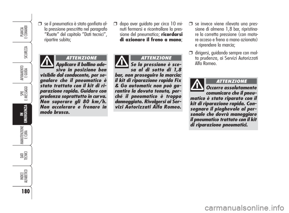 Alfa Romeo Brera/Spider 2009 Libretto Uso Manutenzione (in Italian) ❒se il pneumatico è stato gonfiato al-
la pressione prescritta nel paragrafo
“Ruote” del capitolo “Dati tecnici”,
ripartire subito;
180
SICUREZZA
SPIE
E MESSAGGI
IN
EMERGENZA
MANUTENZIONE
E Alfa Romeo Brera/Spider 2009 Libretto Uso Manutenzione (in Italian) ❒se il pneumatico è stato gonfiato al-
la pressione prescritta nel paragrafo
“Ruote” del capitolo “Dati tecnici”,
ripartire subito;
180
SICUREZZA
SPIE
E MESSAGGI
IN
EMERGENZA
MANUTENZIONE
E
