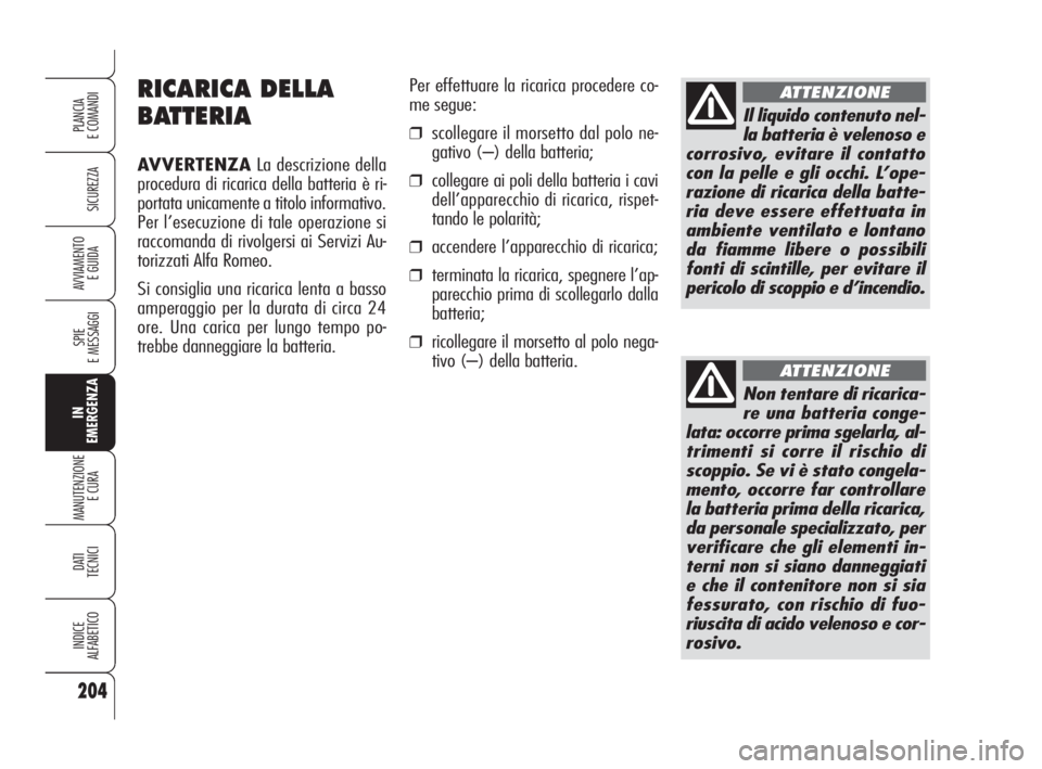 Alfa Romeo Brera/Spider 2009  Libretto Uso Manutenzione (in Italian) 204
SICUREZZA
SPIE
E MESSAGGI
IN
EMERGENZA
MANUTENZIONE
E CURA 
DATI
TECNICI
INDICE
ALFABETICO
PLANCIA
E COMANDI
AVVIAMENTO 
E GUIDA
RICARICA DELLA
BATTERIA
AVVERTENZALa descrizione della
procedura di