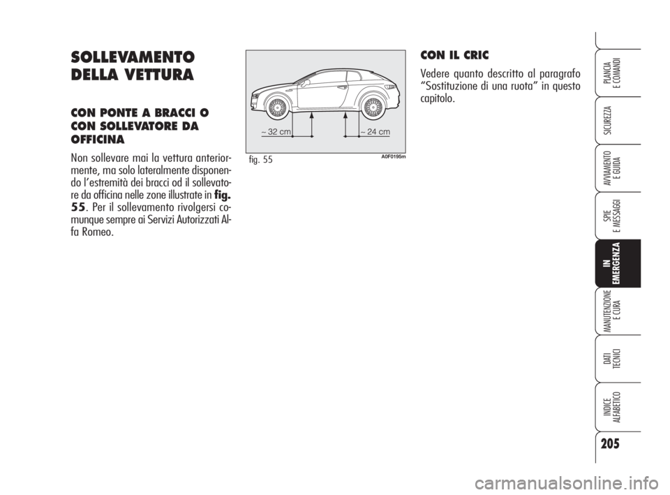 Alfa Romeo Brera/Spider 2009  Libretto Uso Manutenzione (in Italian) 205
SICUREZZA
SPIE
E MESSAGGI
IN
EMERGENZA
MANUTENZIONE
E CURA
DATI 
TECNICI
INDICE
ALFABETICO
PLANCIA
E COMANDI
AVVIAMENTO 
E GUIDA
SOLLEVAMENTO
DELLA VETTURA
CON PONTE A BRACCI O
CON SOLLEVATORE DA
