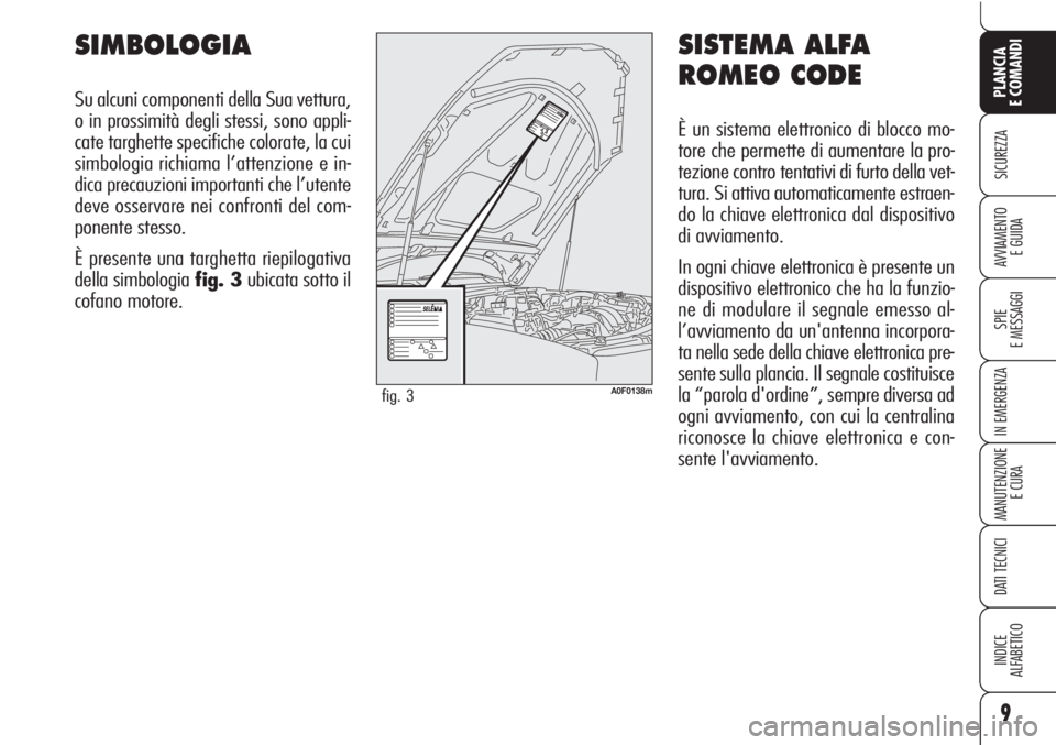 Alfa Romeo Brera/Spider 2010  Libretto Uso Manutenzione (in Italian) SISTEMA ALFA
ROMEO CODE
È un sistema elettronico di blocco mo-
tore che permette di aumentare la pro-
tezione contro tentativi di furto della vet-
tura. Si attiva automaticamente estraen-
do la chiav