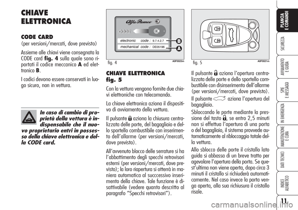 Alfa Romeo Brera/Spider 2010 Libretto Uso Manutenzione (in Italian) CHIAVE ELETTRONICA
fig. 5
Con la vettura vengono fornite due chia-
vi elettroniche con telecomando.
La chiave elettronica aziona il dispositi-
vo di avviamento della vettura.
Il pulsante
Áaziona l Alfa Romeo Brera/Spider 2010 Libretto Uso Manutenzione (in Italian) CHIAVE ELETTRONICA
fig. 5
Con la vettura vengono fornite due chia-
vi elettroniche con telecomando.
La chiave elettronica aziona il dispositi-
vo di avviamento della vettura.
Il pulsante
Áaziona l