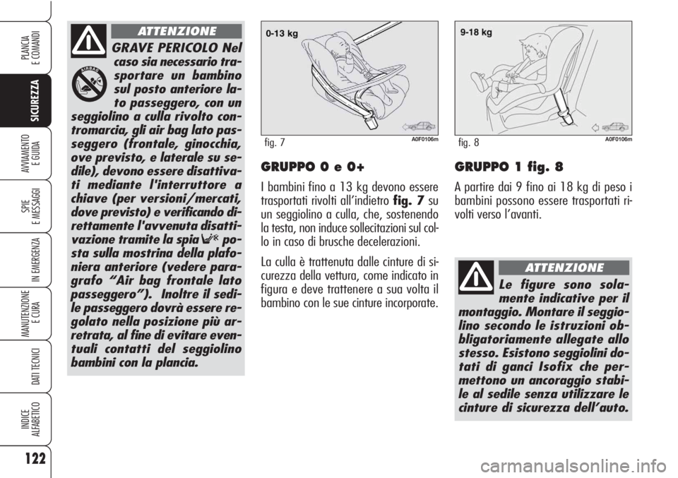 Alfa Romeo Brera/Spider 2010 Libretto Uso Manutenzione (in Italian) 122
SICUREZZA
SPIE
E MESSAGGI
IN EMERGENZA
MANUTENZIONE
E CURA
DATI TECNICI
INDICE
ALFABETICO
PLANCIA
E COMANDI
AVVIAMENTO
E GUIDAGRUPPO 0 e 0+
I bambini fino a 13 kg devono essere
trasportati rivol Alfa Romeo Brera/Spider 2010 Libretto Uso Manutenzione (in Italian) 122
SICUREZZA
SPIE
E MESSAGGI
IN EMERGENZA
MANUTENZIONE
E CURA
DATI TECNICI
INDICE
ALFABETICO
PLANCIA
E COMANDI
AVVIAMENTO
E GUIDAGRUPPO 0 e 0+
I bambini fino a 13 kg devono essere
trasportati rivol