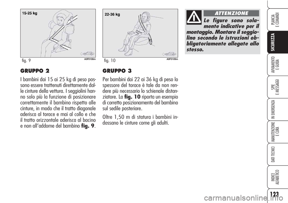 Alfa Romeo Brera/Spider 2010 Libretto Uso Manutenzione (in Italian) 123
SICUREZZA
SPIE
E MESSAGGI
IN EMERGENZA
MANUTENZIONE
E CURA
DATI TECNICI
INDICE
ALFABETICO
PLANCIA
E COMANDI
AVVIAMENTO
E GUIDAGRUPPO 2
I bambini dai 15 ai 25 kg di peso pos-
sono essere trattenut Alfa Romeo Brera/Spider 2010 Libretto Uso Manutenzione (in Italian) 123
SICUREZZA
SPIE
E MESSAGGI
IN EMERGENZA
MANUTENZIONE
E CURA
DATI TECNICI
INDICE
ALFABETICO
PLANCIA
E COMANDI
AVVIAMENTO
E GUIDAGRUPPO 2
I bambini dai 15 ai 25 kg di peso pos-
sono essere trattenut