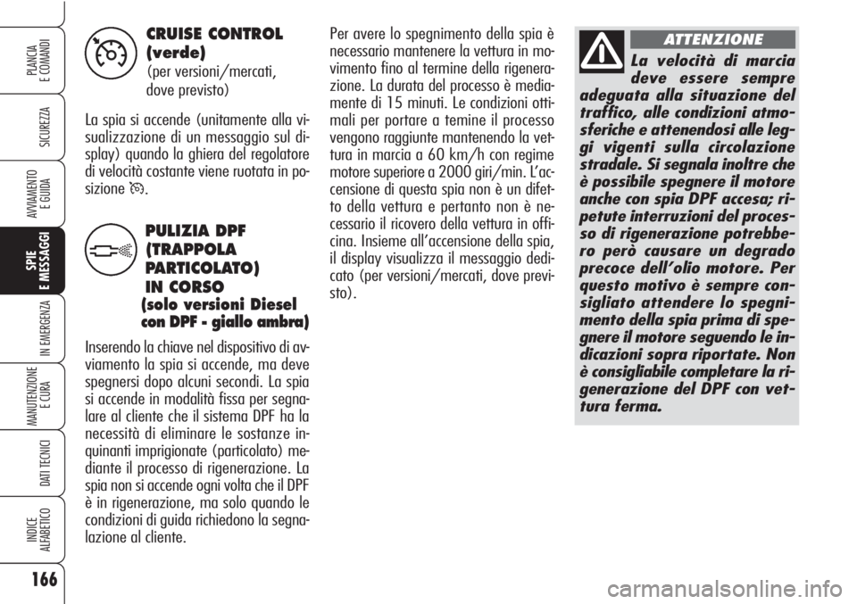 Alfa Romeo Brera/Spider 2010 Libretto Uso Manutenzione (in Italian) 166
SICUREZZA
SPIE
E MESSAGGI
IN EMERGENZA
MANUTENZIONE
E CURA
DATI TECNICI
INDICE
ALFABETICO
PLANCIA
E COMANDI
AVVIAMENTO
E GUIDA
PULIZIA DPF
(TRAPPOLA
PARTICOLATO)
IN CORSO
(solo versioni Diesel
c Alfa Romeo Brera/Spider 2010 Libretto Uso Manutenzione (in Italian) 166
SICUREZZA
SPIE
E MESSAGGI
IN EMERGENZA
MANUTENZIONE
E CURA
DATI TECNICI
INDICE
ALFABETICO
PLANCIA
E COMANDI
AVVIAMENTO
E GUIDA
PULIZIA DPF
(TRAPPOLA
PARTICOLATO)
IN CORSO
(solo versioni Diesel
c
