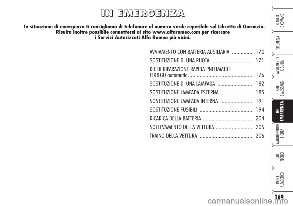 Alfa Romeo Brera/Spider 2010 Libretto Uso Manutenzione (in Italian) 169
SICUREZZA
SPIE
E MESSAGGI
IN
EMERGENZA
MANUTENZIONE
E CURA
DATI
TECNICI
INDICE
ALFABETICO
PLANCIA
E COMANDI
AVVIAMENTO
E GUIDA
I I
N N
E E
M M
E E
R R
G G
E E
N N
Z Z
A A
AVVIAMENTO CON BATTERIA Alfa Romeo Brera/Spider 2010 Libretto Uso Manutenzione (in Italian) 169
SICUREZZA
SPIE
E MESSAGGI
IN
EMERGENZA
MANUTENZIONE
E CURA
DATI
TECNICI
INDICE
ALFABETICO
PLANCIA
E COMANDI
AVVIAMENTO
E GUIDA
I I
N N
E E
M M
E E
R R
G G
E E
N N
Z Z
A A
AVVIAMENTO CON BATTERIA