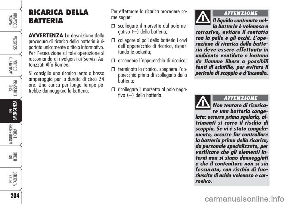 Alfa Romeo Brera/Spider 2010 Libretto Uso Manutenzione (in Italian) 204
SICUREZZA
SPIE
E MESSAGGI
IN
EMERGENZA
MANUTENZIONE
E CURA
DATI
TECNICI
INDICE
ALFABETICO
PLANCIA
E COMANDI
AVVIAMENTO
E GUIDA
RICARICA DELLA
BATTERIA
AVVERTENZALa descrizione della
procedura di Alfa Romeo Brera/Spider 2010 Libretto Uso Manutenzione (in Italian) 204
SICUREZZA
SPIE
E MESSAGGI
IN
EMERGENZA
MANUTENZIONE
E CURA
DATI
TECNICI
INDICE
ALFABETICO
PLANCIA
E COMANDI
AVVIAMENTO
E GUIDA
RICARICA DELLA
BATTERIA
AVVERTENZALa descrizione della
procedura di