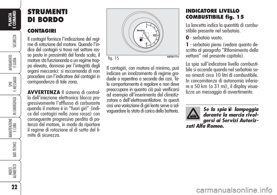 Alfa Romeo Brera/Spider 2010  Libretto Uso Manutenzione (in Italian) 22
SICUREZZA
SPIE
E MESSAGGI
IN EMERGENZA
MANUTENZIONE
E CURA 
DATI TECNICI
INDICE
ALFABETICO
PLANCIA
E COMANDI
AVVIAMENTO 
E GUIDA
INDICATORE LIVELLO
COMBUSTIBILE fig. 15
La lancetta indica la quanti