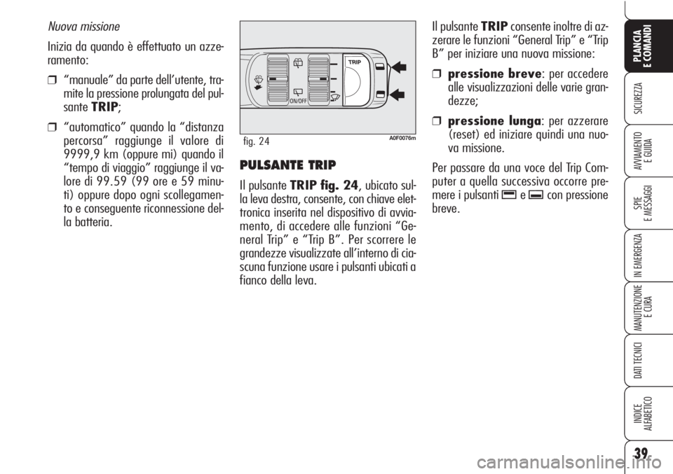 Alfa Romeo Brera/Spider 2010  Libretto Uso Manutenzione (in Italian) 39
SICUREZZA
SPIE
E MESSAGGI
MANUTENZIONE
E CURA
DATI TECNICI
INDICE
ALFABETICO
PLANCIA
E COMANDI
AVVIAMENTO 
E GUIDA
IN EMERGENZA
PULSANTE TRIP 
Il pulsante TRIP fig. 24, ubicato sul-
la leva destra,