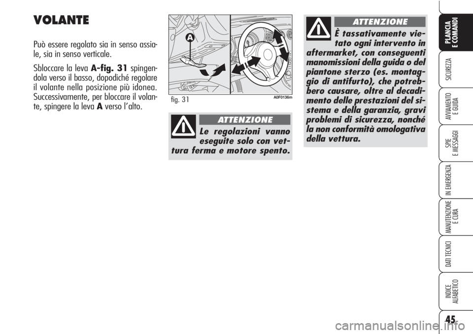 Alfa Romeo Brera/Spider 2010 Libretto Uso Manutenzione (in Italian) 45
SICUREZZA
SPIE
E MESSAGGI
IN EMERGENZA
MANUTENZIONE
E CURA
DATI TECNICI
INDICE
ALFABETICO
PLANCIA
E COMANDI
AVVIAMENTO
E GUIDA
VOLANTE
Può essere regolato sia in senso assia-
le, sia in senso ver Alfa Romeo Brera/Spider 2010 Libretto Uso Manutenzione (in Italian) 45
SICUREZZA
SPIE
E MESSAGGI
IN EMERGENZA
MANUTENZIONE
E CURA
DATI TECNICI
INDICE
ALFABETICO
PLANCIA
E COMANDI
AVVIAMENTO
E GUIDA
VOLANTE
Può essere regolato sia in senso assia-
le, sia in senso ver