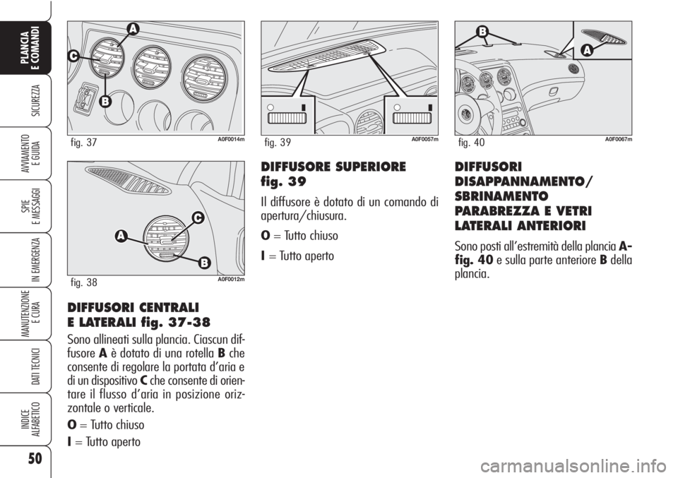 Alfa Romeo Brera/Spider 2010 Libretto Uso Manutenzione (in Italian) 50
SICUREZZA
SPIE
E MESSAGGI
IN EMERGENZA
MANUTENZIONE
E CURA
DATI TECNICI
INDICE
ALFABETICO
PLANCIA
E COMANDI
AVVIAMENTO
E GUIDA
DIFFUSORI CENTRALI
E LATERALI fig. 37-38
Sono allineati sulla planc Alfa Romeo Brera/Spider 2010 Libretto Uso Manutenzione (in Italian) 50
SICUREZZA
SPIE
E MESSAGGI
IN EMERGENZA
MANUTENZIONE
E CURA
DATI TECNICI
INDICE
ALFABETICO
PLANCIA
E COMANDI
AVVIAMENTO
E GUIDA
DIFFUSORI CENTRALI
E LATERALI fig. 37-38
Sono allineati sulla planc