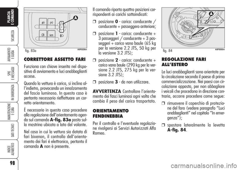 Alfa Romeo Brera/Spider 2010 Libretto Uso Manutenzione (in Italian) 98
SICUREZZA
SPIE
E MESSAGGI
IN EMERGENZA
MANUTENZIONE
E CURA
DATI TECNICI
INDICE
ALFABETICO
PLANCIA
E COMANDI
AVVIAMENTO
E GUIDACORRETTORE ASSETTO FARI
Funziona con chiave inserita nel dispo-
sitiv Alfa Romeo Brera/Spider 2010 Libretto Uso Manutenzione (in Italian) 98
SICUREZZA
SPIE
E MESSAGGI
IN EMERGENZA
MANUTENZIONE
E CURA
DATI TECNICI
INDICE
ALFABETICO
PLANCIA
E COMANDI
AVVIAMENTO
E GUIDACORRETTORE ASSETTO FARI
Funziona con chiave inserita nel dispo-
sitiv