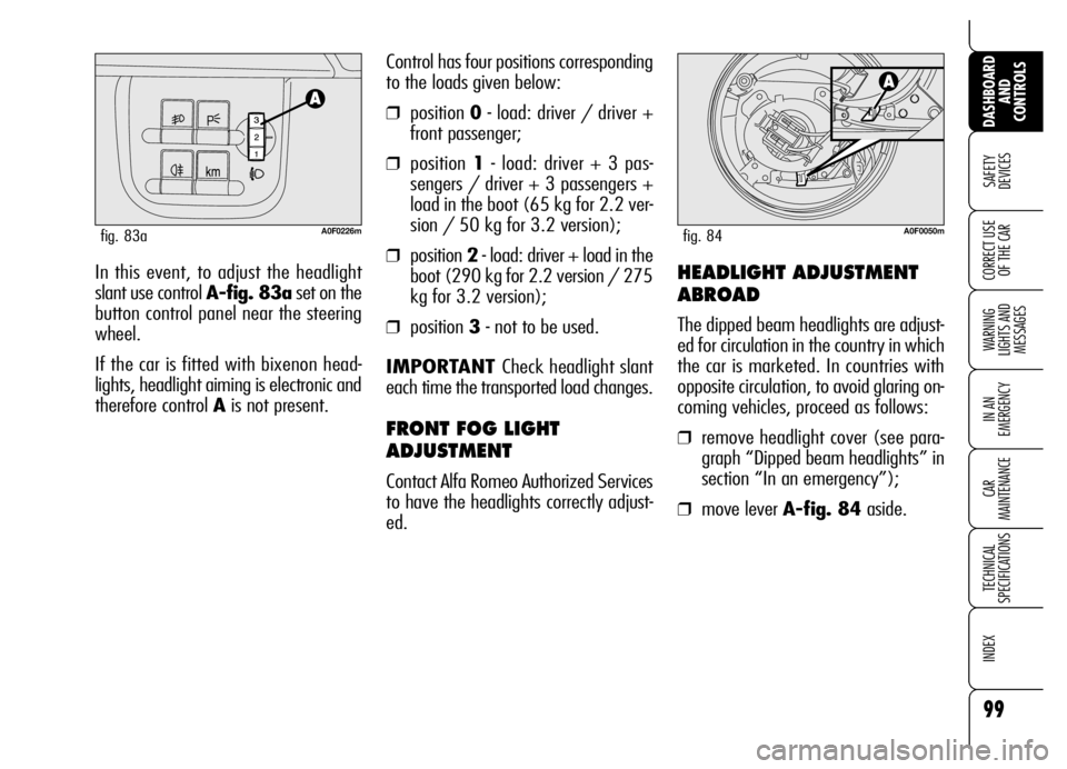 Alfa Romeo Brera/Spider 2006  Owner handbook (in English) 99
SAFETY 
DEVICES
WARNING 
LIGHTS AND 
MESSAGES
IN AN 
EMERGENCY
CAR 
MAINTENANCE
TECHNICAL 
SPECIFICATIONS
INDEX
DASHBOARD
AND 
CONTROLS
CORRECT USE
OF THE CARIn this event, to adjust the headlight
