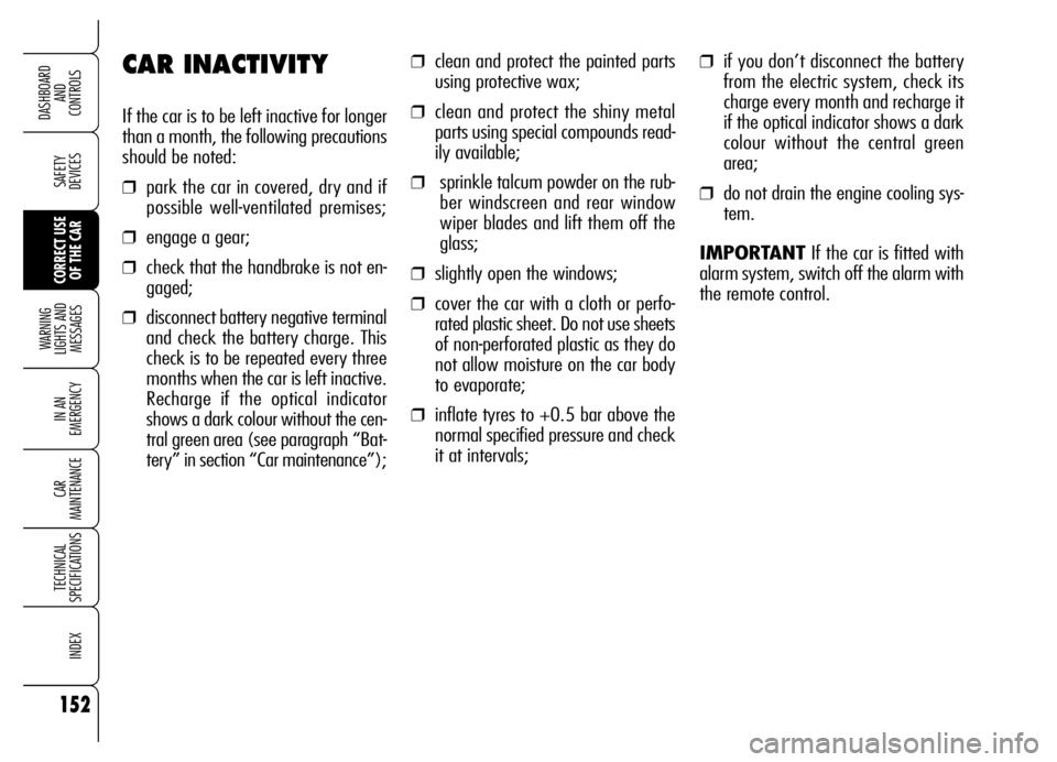 Alfa Romeo Brera/Spider 2006  Owner handbook (in English) 152
SAFETY 
DEVICES
WARNING 
LIGHTS AND 
MESSAGES
IN AN 
EMERGENCY
CAR 
MAINTENANCE
TECHNICAL 
SPECIFICATIONS
INDEX
DASHBOARD 
AND 
CONTROLS
CORRECT USE
OF THE CAR
CAR INACTIVITY
If the car is to be l