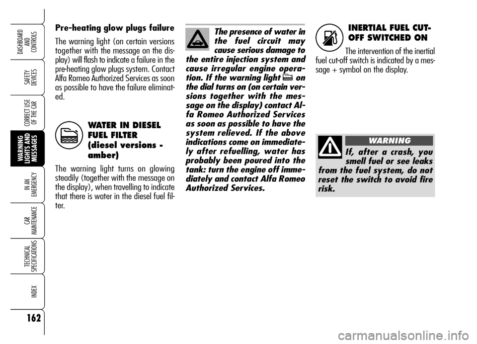 Alfa Romeo Brera/Spider 2006  Owner handbook (in English) INERTIAL FUEL CUT-
OFF SWITCHED ON
The intervention of the inertial
fuel cut-off switch is indicated by a mes-
sage + symbol on the display. Pre-heating glow plugs failure 
The warning light (on certa