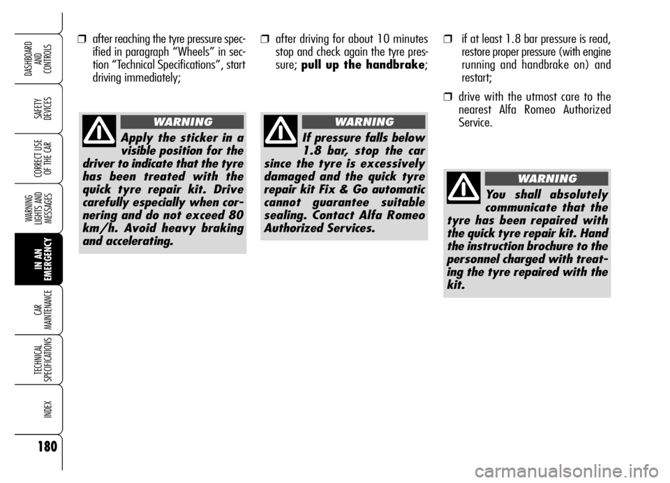 Alfa Romeo Brera/Spider 2006 Owner handbook (in English) ❒after reaching the tyre pressure spec-
ified in paragraph “Wheels” in sec-
tion “Technical Specifications”, start
driving immediately;
180
SAFETY
DEVICES
WARNING
LIGHTS AND
MESSAGES
IN A Alfa Romeo Brera/Spider 2006 Owner handbook (in English) ❒after reaching the tyre pressure spec-
ified in paragraph “Wheels” in sec-
tion “Technical Specifications”, start
driving immediately;
180
SAFETY
DEVICES
WARNING
LIGHTS AND
MESSAGES
IN A