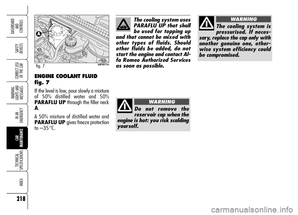 Alfa Romeo Brera/Spider 2006  Owner handbook (in English) 218
SAFETY 
DEVICES
WARNING 
LIGHTS AND 
MESSAGES
IN AN 
EMERGENCY
CAR 
MAINTENANCE
TECHNICAL 
SPECIFICATIONS
INDEX
DASHBOARD 
AND 
CONTROLS
CORRECT USE
OF THE CAR
The cooling system uses
PARAFLU UP t