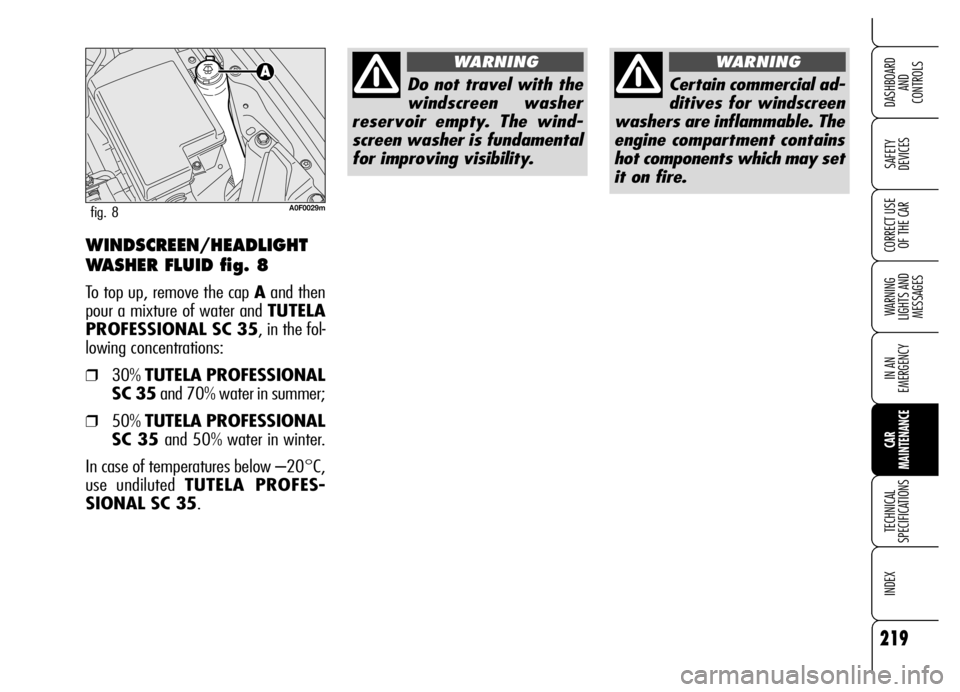 Alfa Romeo Brera/Spider 2006  Owner handbook (in English) 219
SAFETY 
DEVICES
WARNING 
LIGHTS AND 
MESSAGES
IN AN 
EMERGENCY
CAR 
MAINTENANCE
TECHNICAL 
SPECIFICATIONS
INDEX 
DASHBOARD 
AND 
CONTROLS
CORRECT USE
OF THE CARWINDSCREEN/HEADLIGHT
WASHER FLUID fi