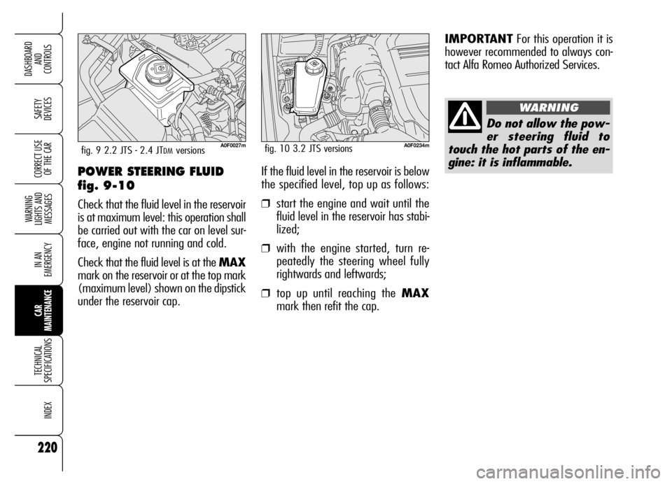 Alfa Romeo Brera/Spider 2006  Owner handbook (in English) 220
SAFETY 
DEVICES
WARNING 
LIGHTS AND 
MESSAGES
IN AN 
EMERGENCY
CAR 
MAINTENANCE
TECHNICAL 
SPECIFICATIONS
INDEX
DASHBOARD 
AND 
CONTROLS
CORRECT USE
OF THE CARPOWER STEERING FLUID 
fig. 9-10
Check