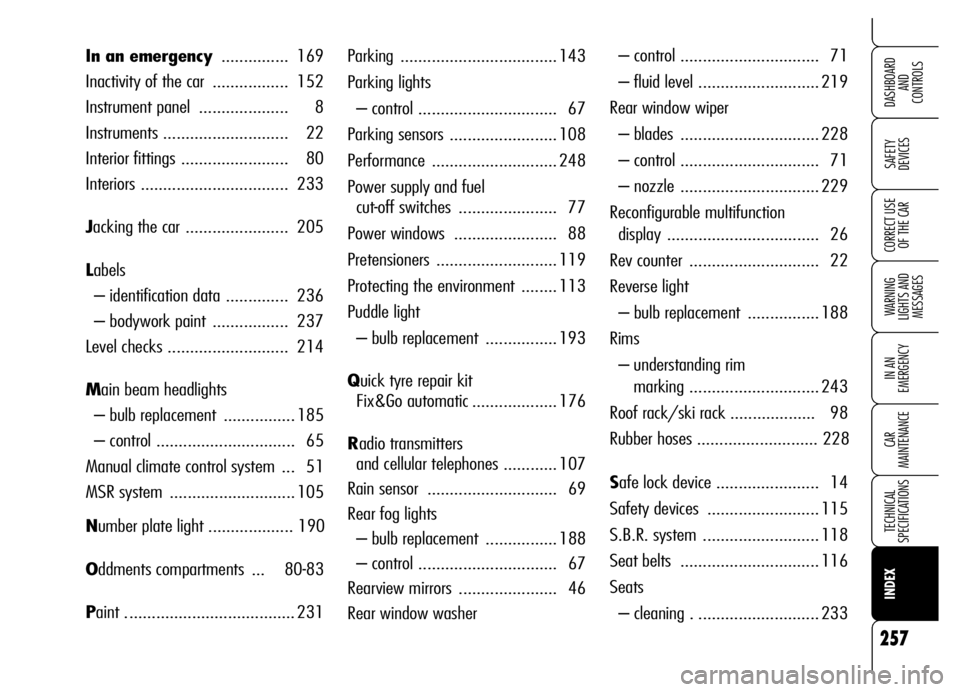 Alfa Romeo Brera/Spider 2006  Owner handbook (in English) 257
SAFETY 
DEVICES
WARNING 
LIGHTS AND 
MESSAGES
IN AN 
EMERGENCY
CAR 
MAINTENANCE
TECHNICAL 
SPECIFICATIONS
INDEX
DASHBOARD 
AND 
CONTROLS
CORRECT USE
OF THE CAR
Parking ............................