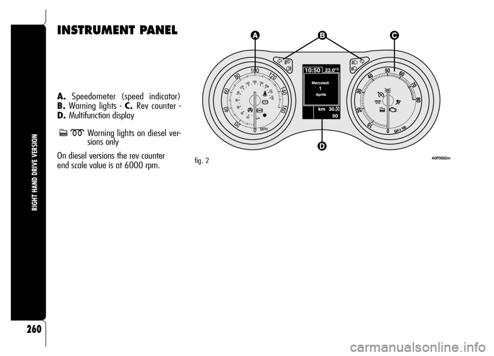 Alfa Romeo Brera/Spider 2006  Owner handbook (in English) INSTRUMENT PANEL
A.Speedometer (speed indicator) 
B.Warning lights - C. Rev counter - 
D. Multifunction display
cmWarning lights on diesel ver-
sions only 
On diesel versions the rev counter 
end scal