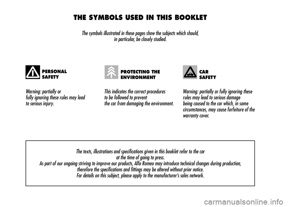 Alfa Romeo Brera/Spider 2006  Owner handbook (in English) THE SYMBOLS USED IN THIS BOOKLET
The symbols illustrated in these pages show the subjects which should, 
in particular, be closely studied.
Warning: partially or 
fully ignoring these rules may lead 
