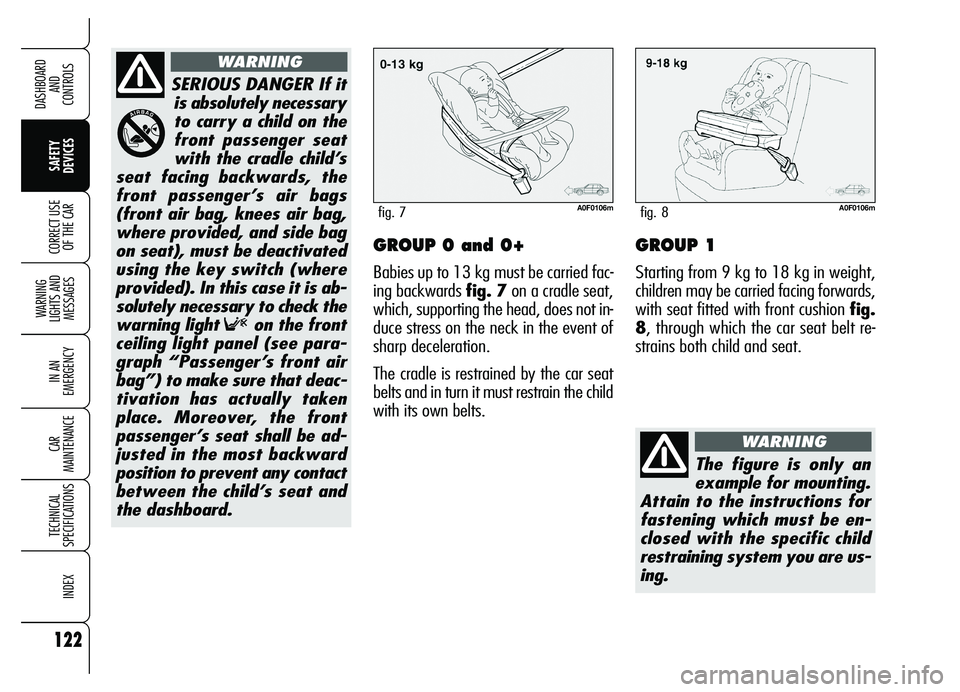 Alfa Romeo Brera/Spider 2007  Owner handbook (in English) 122
SAFETY 
DEVICES
WARNING 
LIGHTS AND 
MESSAGES
IN AN 
EMERGENCY
CAR 
MAINTENANCE
TECHNICAL 
SPECIFICATIONS
INDEX
DASHBOARD 
AND 
CONTROLS
CORRECT USE
OF THE CARGROUP 0 and 0+
Babies up to 13 kg mus