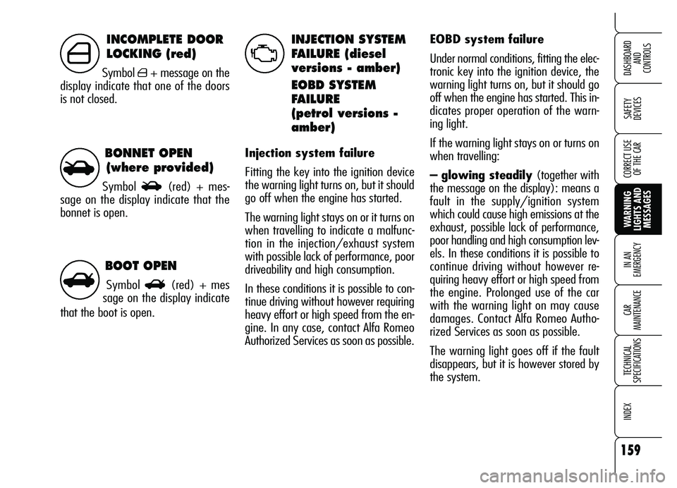 Alfa Romeo Brera/Spider 2007  Owner handbook (in English) BOOT OPEN
SymbolR(red) + mes
sage on the display indicate
that the boot is open.
BONNET OPEN 
(where provided)
SymbolS(red) + mes-
sage on the display indicate that the
bonnet is open.
159
SAFETY 
DEV