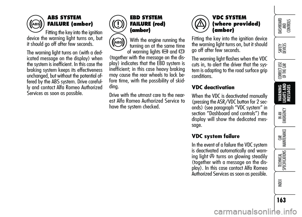 Alfa Romeo Brera/Spider 2007  Owner handbook (in English) 163
SAFETY 
DEVICES
WARNING 
LIGHTS AND
MESSAGES IN AN 
EMERGENCY
CAR 
MAINTENANCE
TECHNICAL 
SPECIFICATIONS
INDEX
DASHBOARD 
AND 
CONTROLS
CORRECT USE
OF THE CAR
EBD SYSTEM
FAILURE (red) 
(amber)
Wit