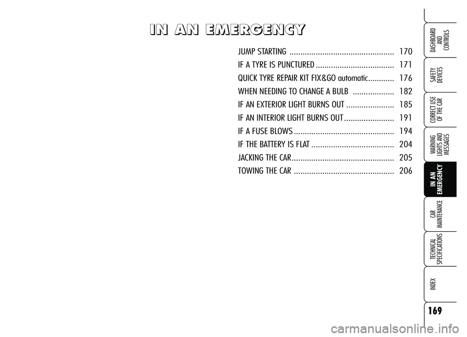 Alfa Romeo Brera/Spider 2007  Owner handbook (in English) 169
SAFETY 
DEVICES
WARNING 
LIGHTS AND 
MESSAGES
IN AN 
EMERGENCY CAR 
MAINTENANCE
TECHNICAL 
SPECIFICATIONS
INDEX
DASHBOARD 
AND 
CONTROLS
CORRECT USE
OF THE CAR
I I I I
N N N N
       
A A A A
N N 