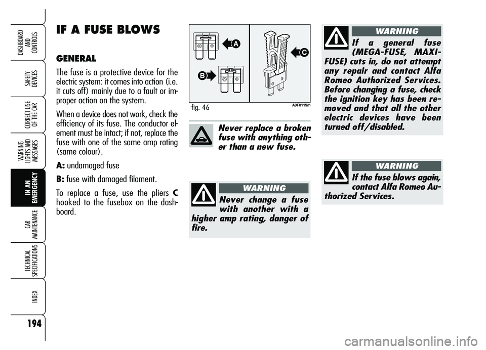 Alfa Romeo Brera/Spider 2007  Owner handbook (in English) 194
SAFETY 
DEVICES
WARNING 
LIGHTS AND 
MESSAGES
IN AN 
EMERGENCY CAR 
MAINTENANCE
TECHNICAL 
SPECIFICATIONS
INDEX
DASHBOARD 
AND 
CONTROLS
CORRECT USE
OF THE CAR
A0F0119mfig. 46
Never replace a brok