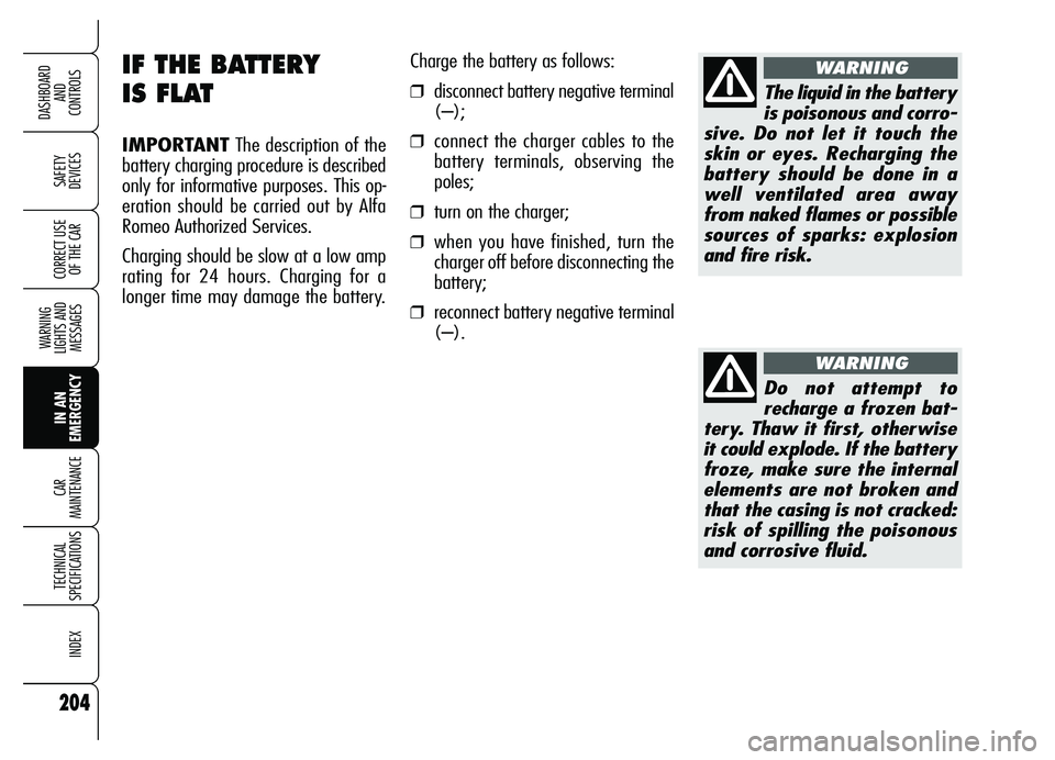 Alfa Romeo Brera/Spider 2007  Owner handbook (in English) 204
SAFETY 
DEVICES
WARNING 
LIGHTS AND 
MESSAGES
IN AN 
EMERGENCY CAR 
MAINTENANCE
TECHNICAL 
SPECIFICATIONS
INDEX
DASHBOARD 
AND 
CONTROLS
CORRECT USE
OF THE CAR
IF THE BATTERY 
IS FLAT
IMPORTANTThe