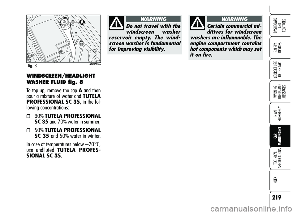 Alfa Romeo Brera/Spider 2007  Owner handbook (in English) 219
SAFETY 
DEVICES
WARNING 
LIGHTS AND 
MESSAGES
IN AN 
EMERGENCY
CAR 
MAINTENANCE
TECHNICAL 
SPECIFICATIONS
INDEX 
DASHBOARD 
AND 
CONTROLS
CORRECT USE
OF THE CARWINDSCREEN/HEADLIGHT
WASHER FLUID fi