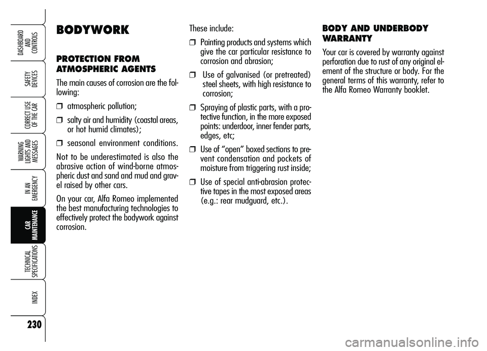 Alfa Romeo Brera/Spider 2007  Owner handbook (in English) 230
SAFETY 
DEVICES
WARNING 
LIGHTS AND 
MESSAGES
IN AN 
EMERGENCY
CAR 
MAINTENANCE
TECHNICAL 
SPECIFICATIONS
INDEX
DASHBOARD 
AND 
CONTROLS
CORRECT USE
OF THE CAR
These include:
❒Painting products 