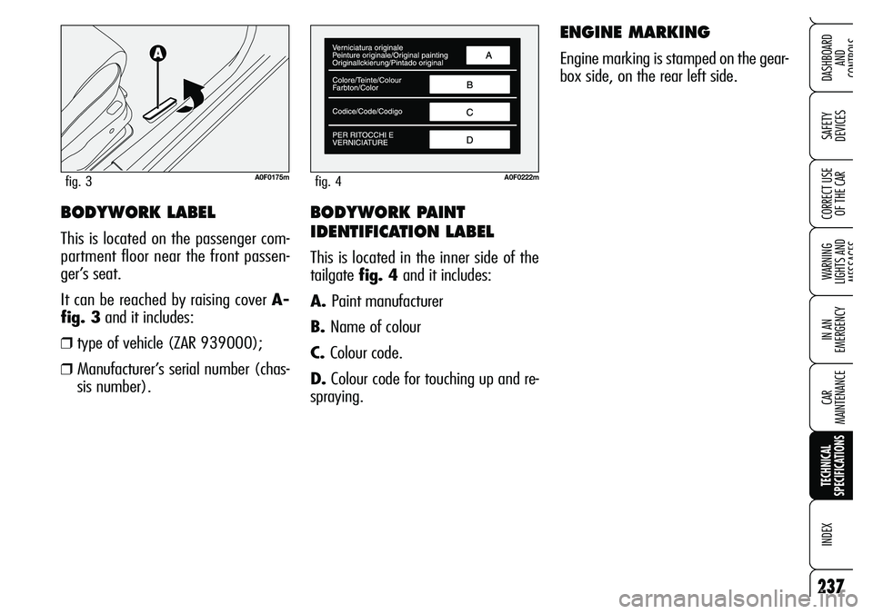 Alfa Romeo Brera/Spider 2007  Owner handbook (in English) BODYWORK PAINT 
IDENTIFICATION LABEL
This is located in the inner side of the
tailgate fig. 4and it includes:
A. Paint manufacturer
B. Name of colour
C. Colour code.
D.Colour code for touching up and 