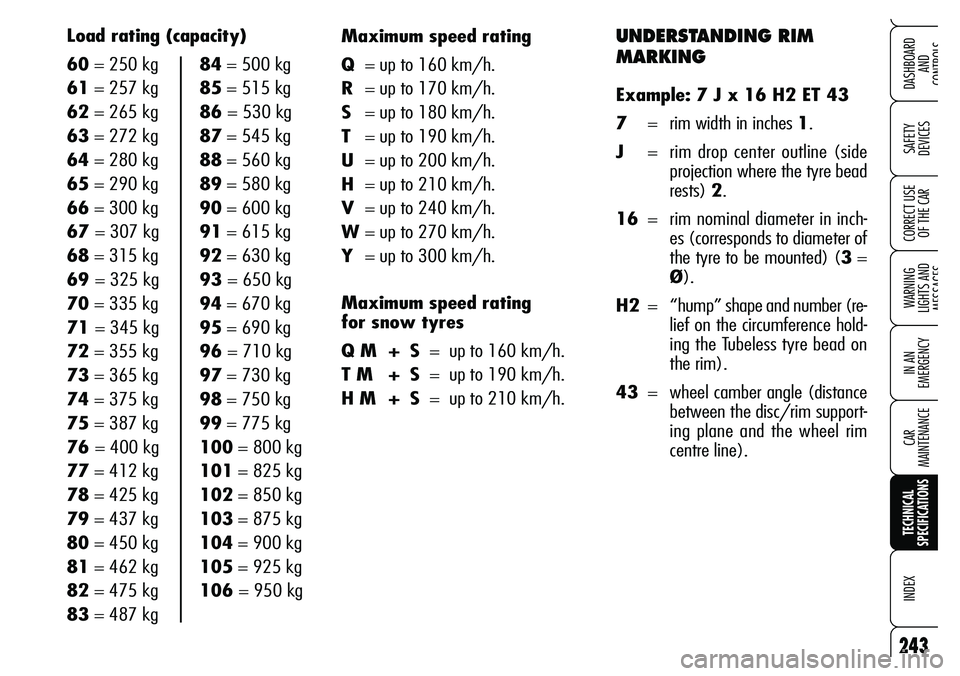 Alfa Romeo Brera/Spider 2007  Owner handbook (in English) UNDERSTANDING RIM 
MARKING
Example: 7 J x 16 H2 ET 43
7= rim width in inches 1.
J= rim drop center outline (side
projection where the tyre bead
rests) 2.
16=  rim nominal diameter in inch-
es (corresp