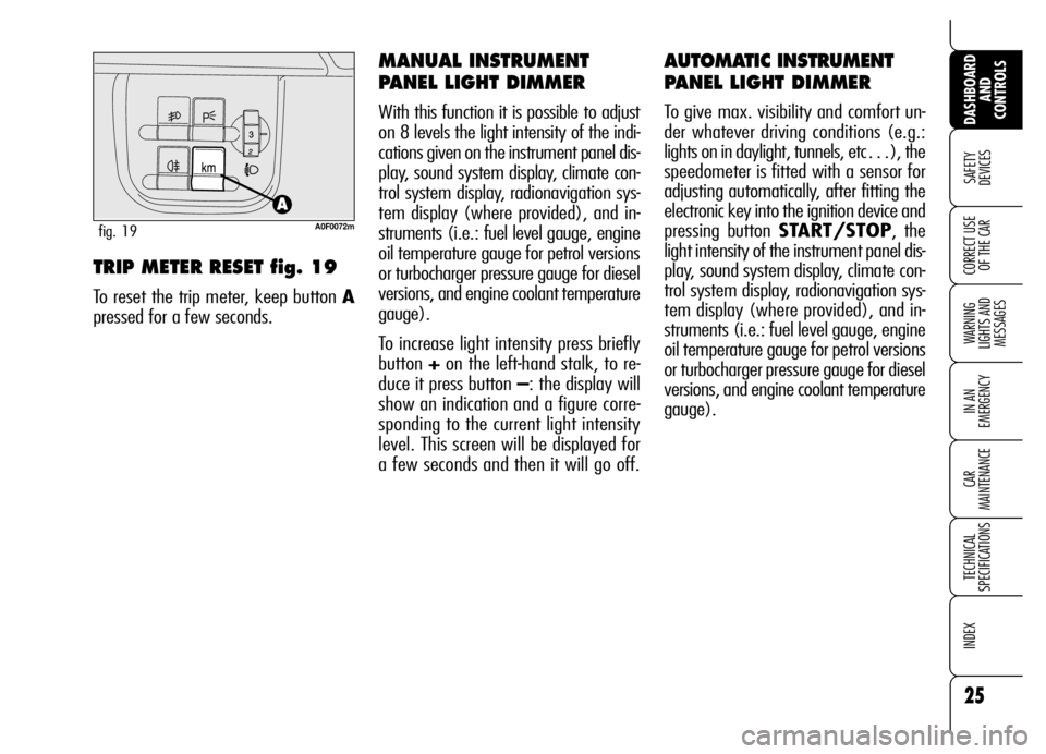 Alfa Romeo Brera/Spider 2007  Owner handbook (in English) 25
SAFETY 
DEVICES
WARNING 
LIGHTS AND 
MESSAGES
IN AN 
EMERGENCY
CAR 
MAINTENANCE
TECHNICAL 
SPECIFICATIONS
INDEX
DASHBOARD
AND 
CONTROLS
CORRECT USE
OF THE CAR
AUTOMATIC INSTRUMENT
PANEL LIGHT DIMME