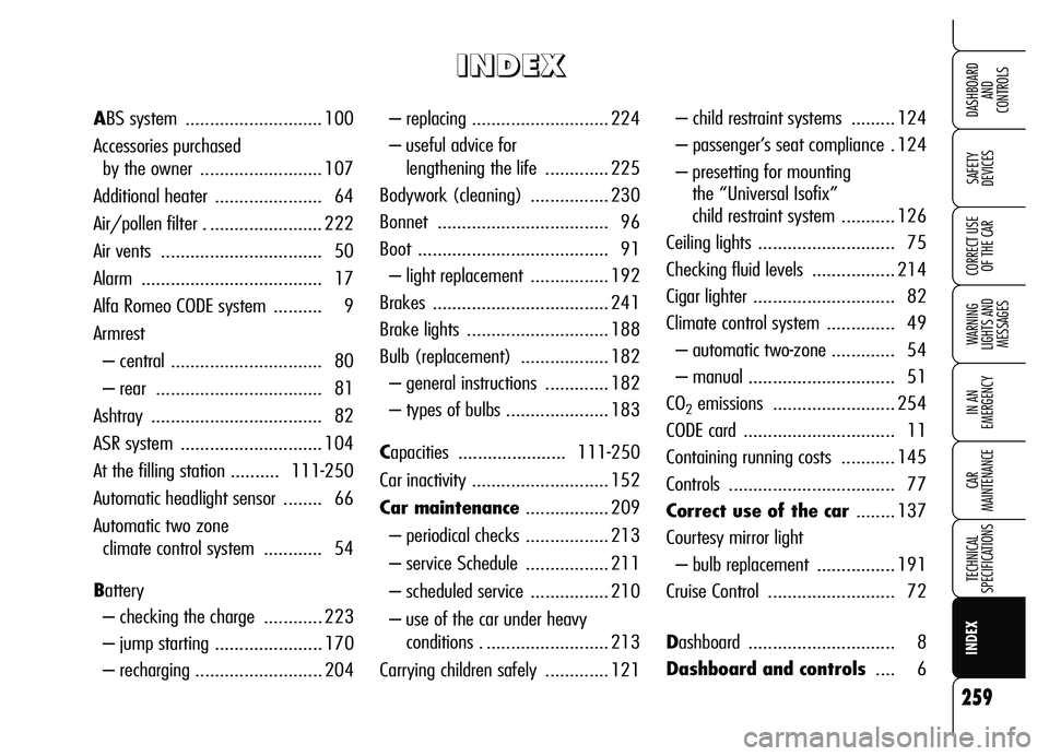 Alfa Romeo Brera/Spider 2007  Owner handbook (in English) 259
SAFETY 
DEVICES
WARNING 
LIGHTS AND 
MESSAGES
IN AN 
EMERGENCY
CAR 
MAINTENANCE
TECHNICAL 
SPECIFICATIONS
CORRECT USE 
OF THE CAR
DASHBOARD
AND 
CONTROLS
INDEX
– replacing ......................