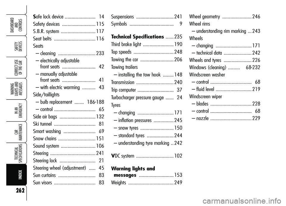 Alfa Romeo Brera/Spider 2007  Owner handbook (in English) 262
SAFETY 
DEVICES
WARNING 
LIGHTS AND 
MESSAGES
IN AN 
EMERGENCY
CAR 
MAINTENANCE
TECHNICAL 
SPECIFICATIONS
CORRECT USE 
OF THE CAR
DASHBOARD
AND 
CONTROLS
INDEX
Suspensions ........................