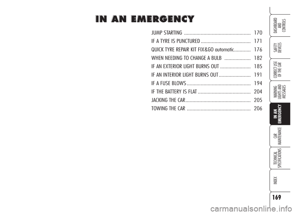 Alfa Romeo Brera/Spider 2008  Owner handbook (in English) 169
SAFETY
DEVICES
WARNING 
LIGHTS AND 
MESSAGES
IN AN 
EMERGENCY
CAR
MAINTENANCE
TECHNICAL
SPECIFICATIONS
INDEX
DASHBOARD
AND
CONTROLS
CORRECT USE
OF THE CAR
I I
N N
A A
N N
E E
M M
E E
R R
G G
E E
N