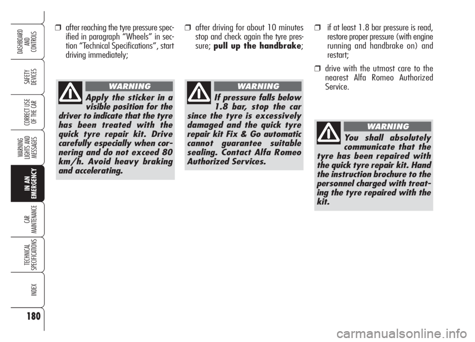 Alfa Romeo Brera/Spider 2008 Owner handbook (in English) ❒after reaching the tyre pressure spec-
ified in paragraph “Wheels” in sec-
tion “Technical Specifications”, start
driving immediately;
180
SAFETY
DEVICES
WARNING
LIGHTS AND
MESSAGES
IN AN Alfa Romeo Brera/Spider 2008 Owner handbook (in English) ❒after reaching the tyre pressure spec-
ified in paragraph “Wheels” in sec-
tion “Technical Specifications”, start
driving immediately;
180
SAFETY
DEVICES
WARNING
LIGHTS AND
MESSAGES
IN AN