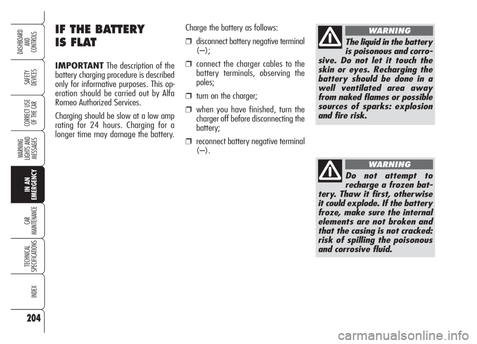 Alfa Romeo Brera/Spider 2008 Owner handbook (in English) 204
SAFETY
DEVICES
WARNING
LIGHTS AND
MESSAGES
IN AN
EMERGENCY
CAR
MAINTENANCE
TECHNICAL
SPECIFICATIONS
INDEX
DASHBOARD
AND
CONTROLS
CORRECT USE
OF THE CAR
IF THE BATTERY
IS FLAT
IMPORTANTThe desc Alfa Romeo Brera/Spider 2008 Owner handbook (in English) 204
SAFETY
DEVICES
WARNING
LIGHTS AND
MESSAGES
IN AN
EMERGENCY
CAR
MAINTENANCE
TECHNICAL
SPECIFICATIONS
INDEX
DASHBOARD
AND
CONTROLS
CORRECT USE
OF THE CAR
IF THE BATTERY
IS FLAT
IMPORTANTThe desc