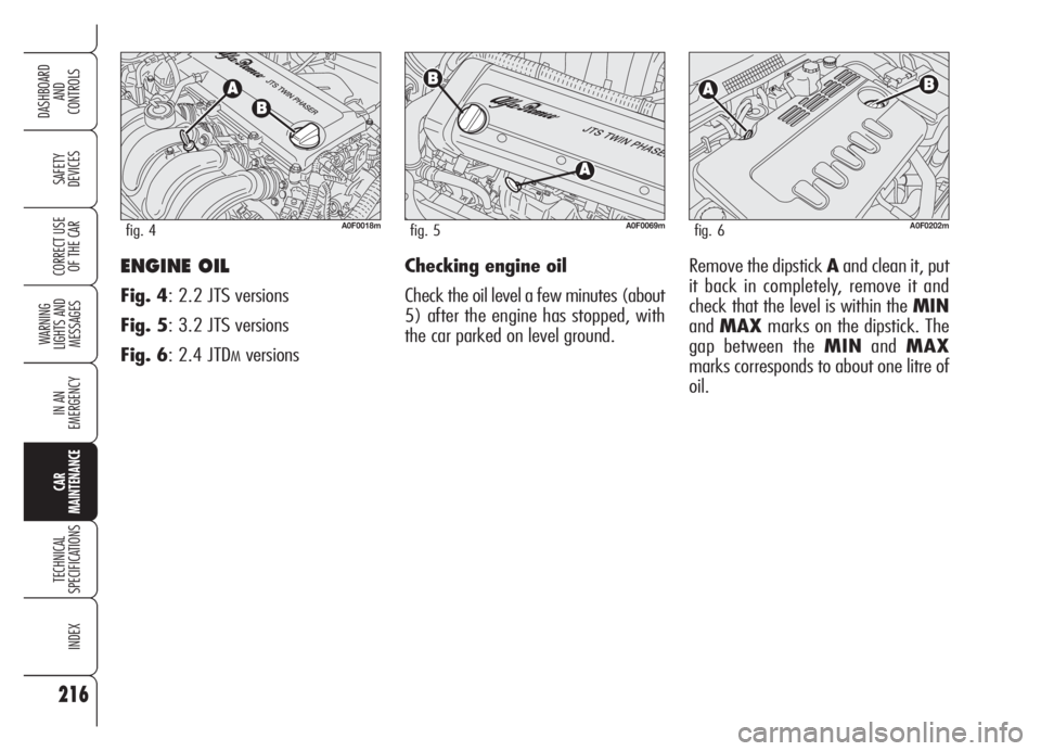 Alfa Romeo Brera/Spider 2008  Owner handbook (in English) 216
SAFETY
DEVICES
WARNING 
LIGHTS AND 
MESSAGES
IN AN 
EMERGENCY
CAR
MAINTENANCE
TECHNICAL
SPECIFICATIONS
INDEX
DASHBOARD
AND
CONTROLS
CORRECT USE
OF THE CARENGINE OIL
Fig. 4: 2.2 JTS versions
Fig. 5